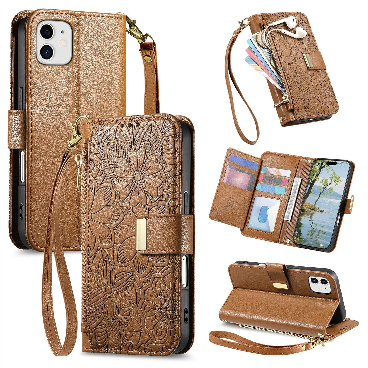 Embossed Floral & Leaf Zipper Wallet Phone Case for iPhone 11