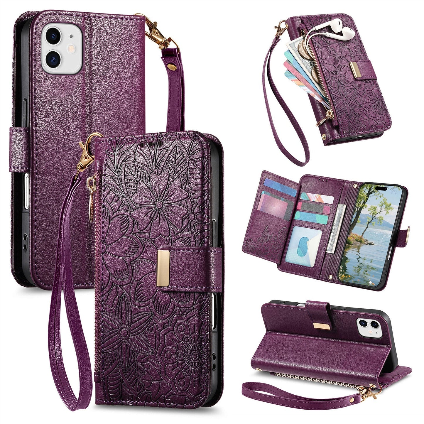 Embossed Floral & Leaf Zipper Wallet Phone Case for iPhone 12