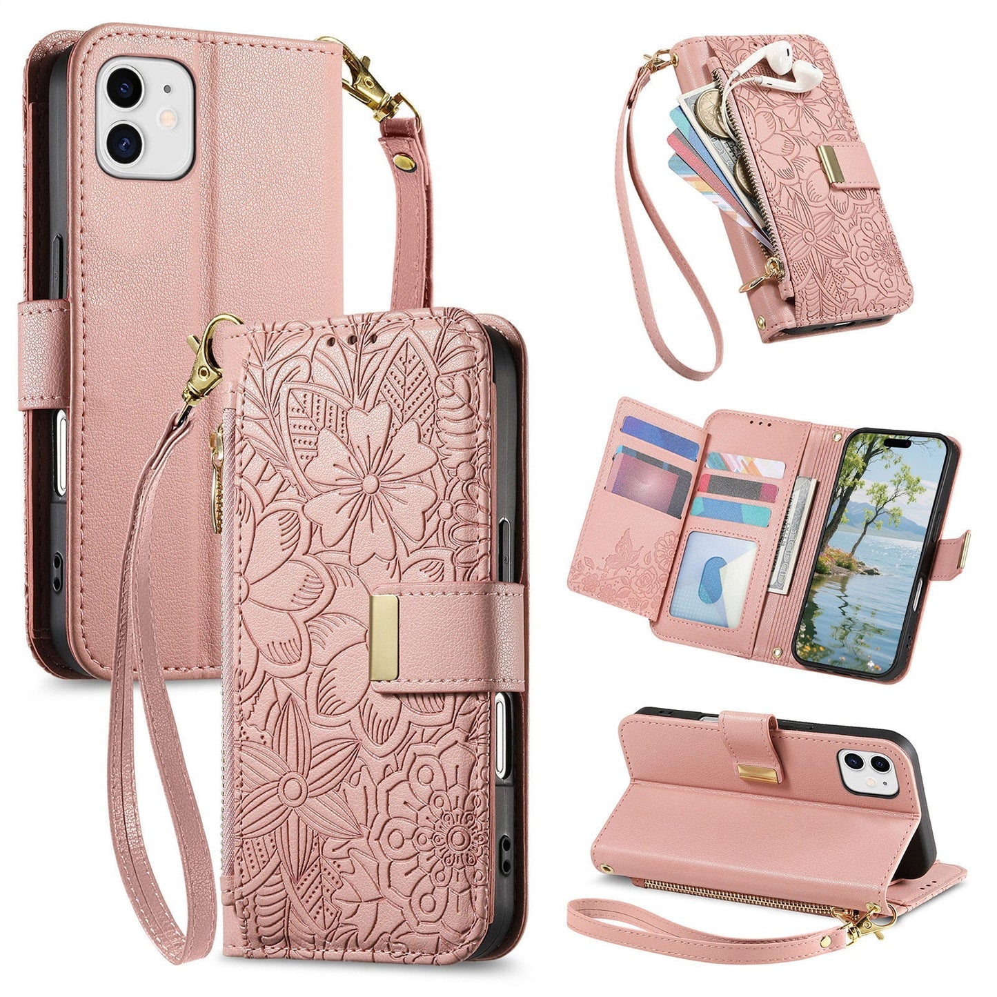 Embossed Floral & Leaf Zipper Wallet Phone Case for iPhone 11