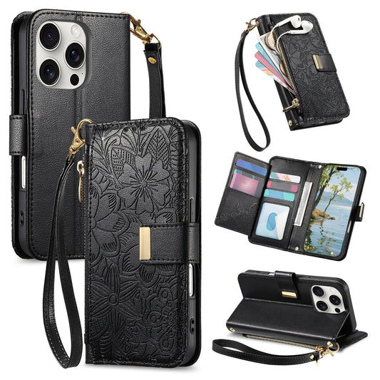 Embossed Floral & Leaf Zipper Wallet Phone Case for iPhone 14 Pro