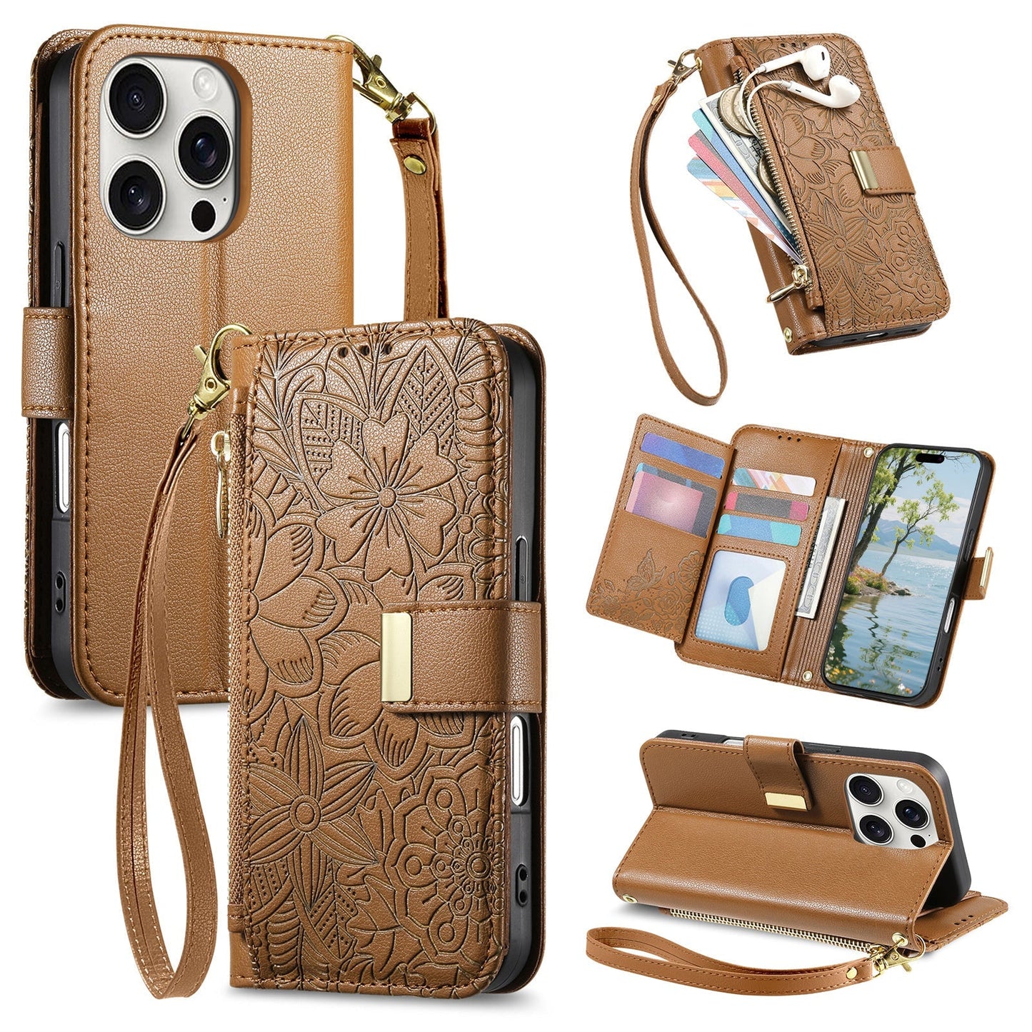 Embossed Floral & Leaf Zipper Wallet Phone Case for iPhone 14 Pro