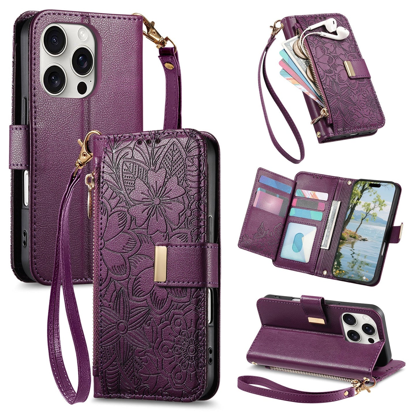 Embossed Floral & Leaf Zipper Wallet Phone Case for iPhone 14 Pro Max