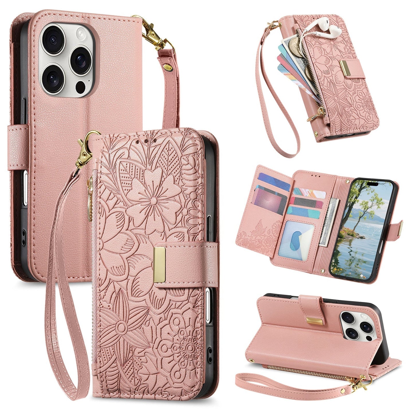 Embossed Floral & Leaf Zipper Wallet Phone Case for iPhone 13 Pro