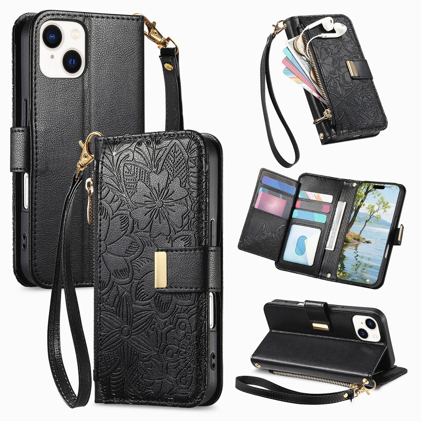 Embossed Floral & Leaf Zipper Wallet Phone Case for iPhone 15