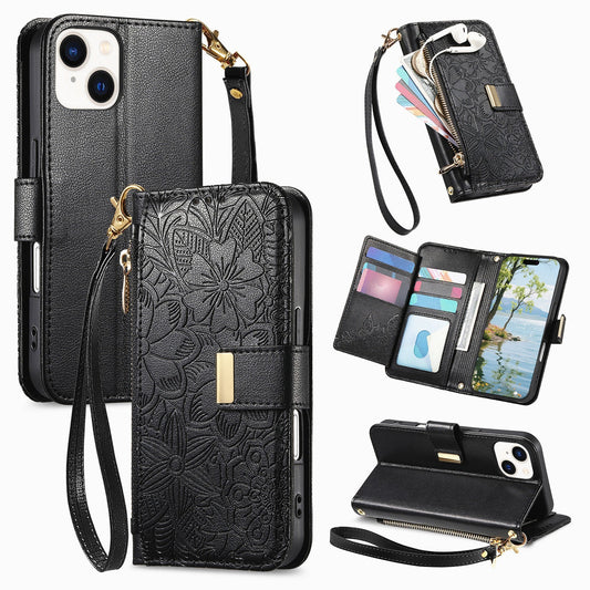 Embossed Floral & Leaf Zipper Wallet Phone Case for iPhone 14 Plus