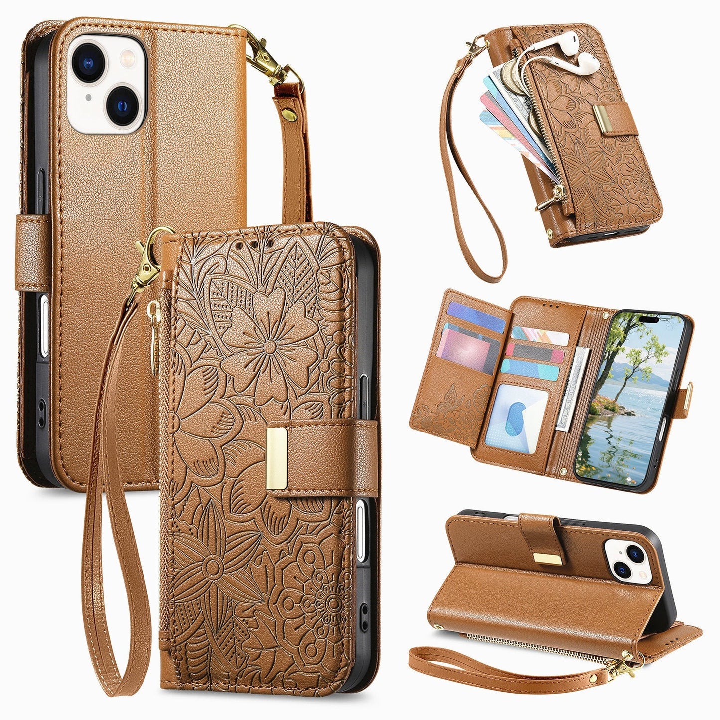 Embossed Floral & Leaf Zipper Wallet Phone Case for iPhone 15