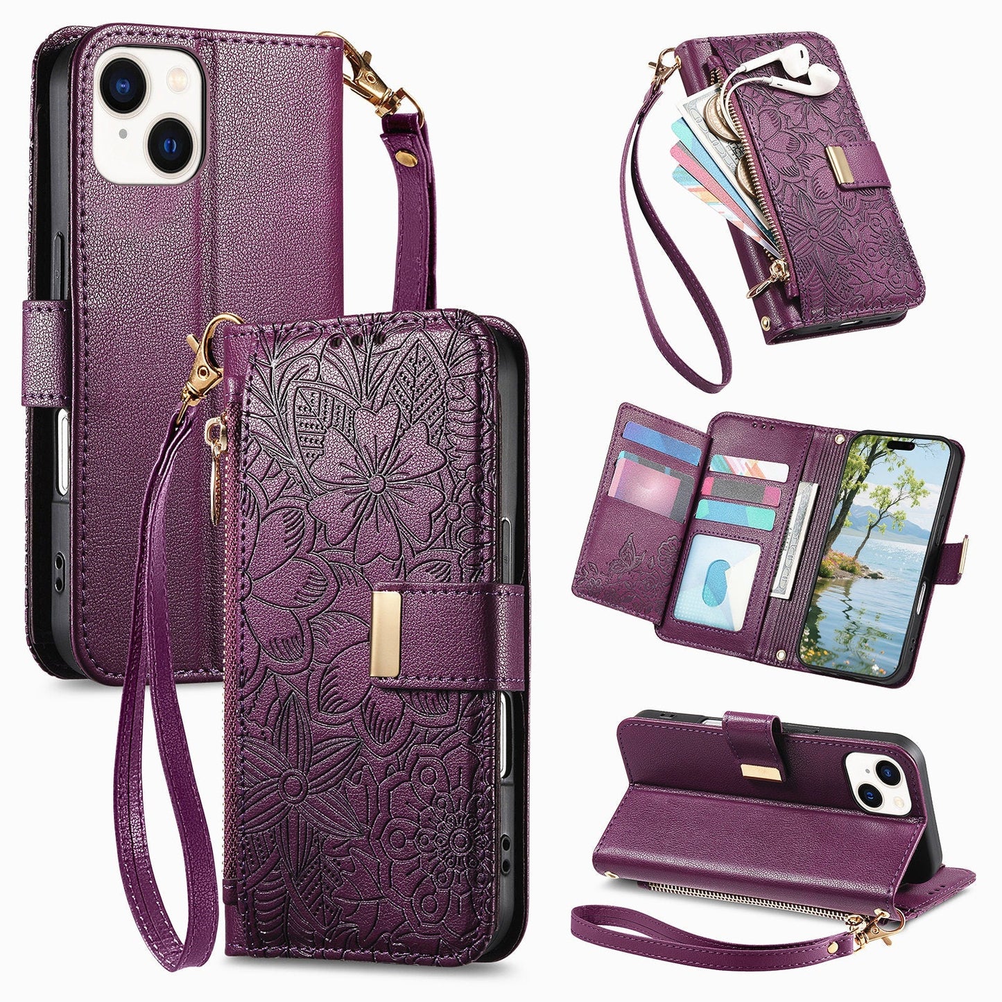 Embossed Floral & Leaf Zipper Wallet Phone Case for iPhone 14 Plus