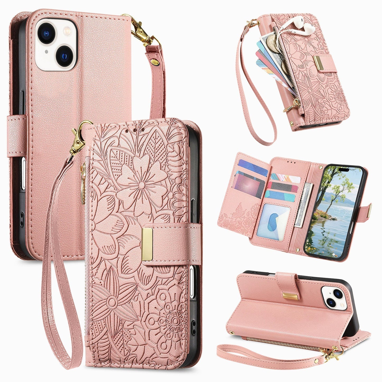 Embossed Floral & Leaf Zipper Wallet Phone Case for iPhone 13