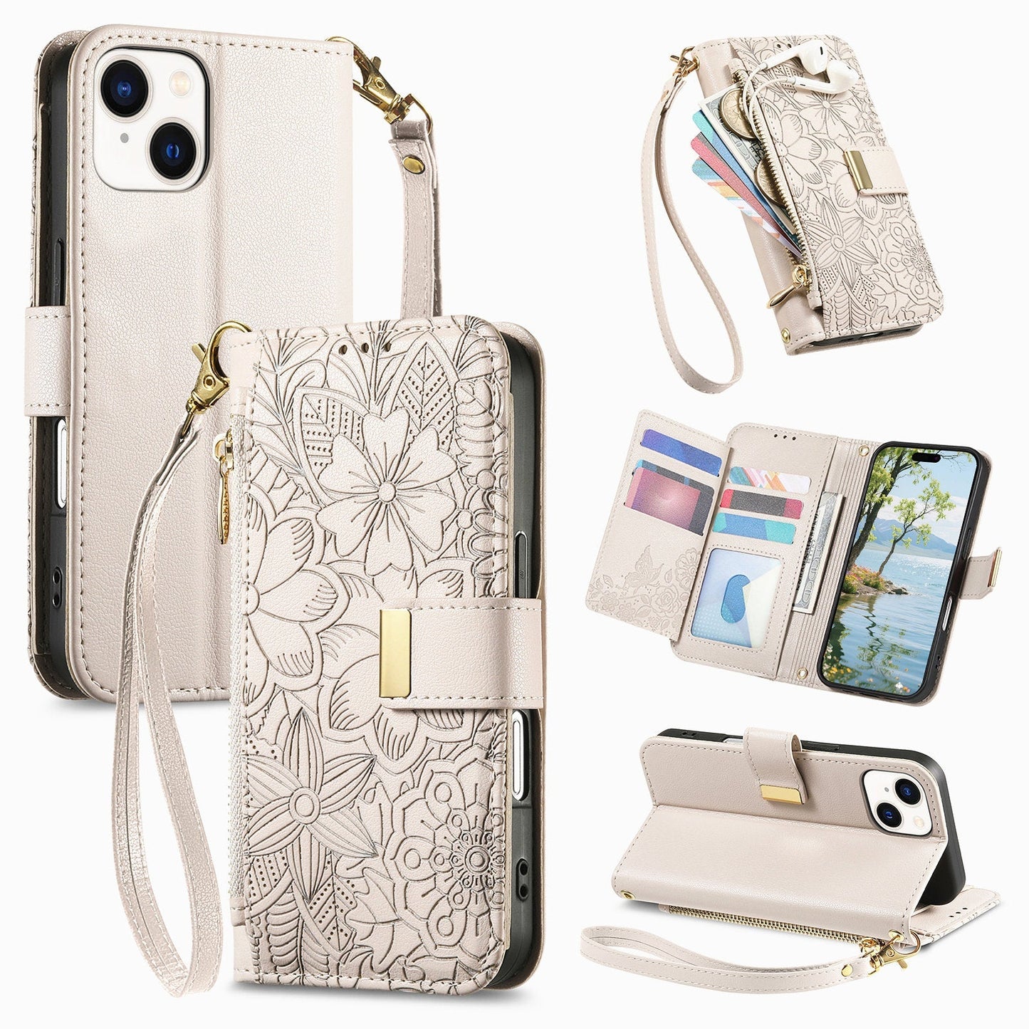Embossed Floral & Leaf Zipper Wallet Phone Case for iPhone 13