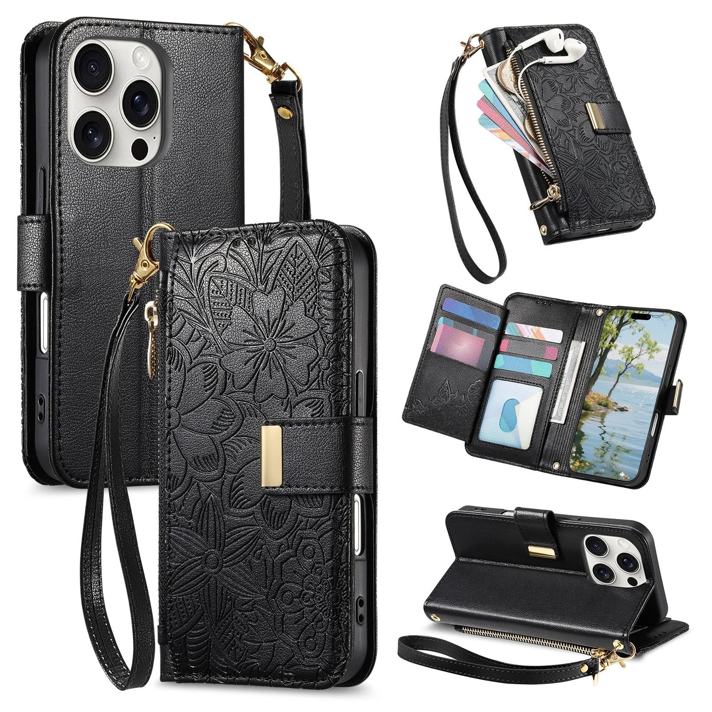 Embossed Floral & Leaf Zipper Wallet Phone Case for iPhone 16 Pro