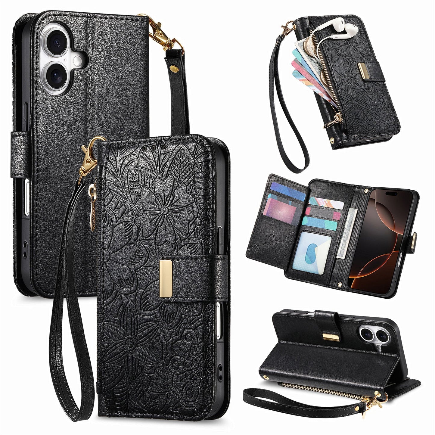 Embossed Floral & Leaf Zipper Wallet Phone Case for iPhone 16