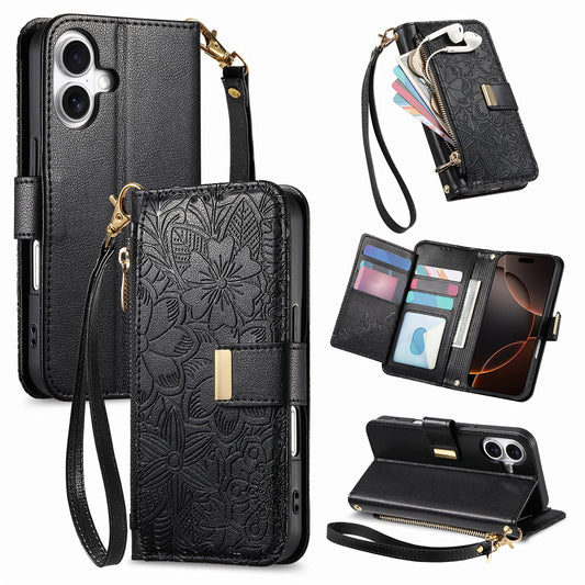 Embossed Floral & Leaf Zipper Wallet Phone Case for iPhone 16