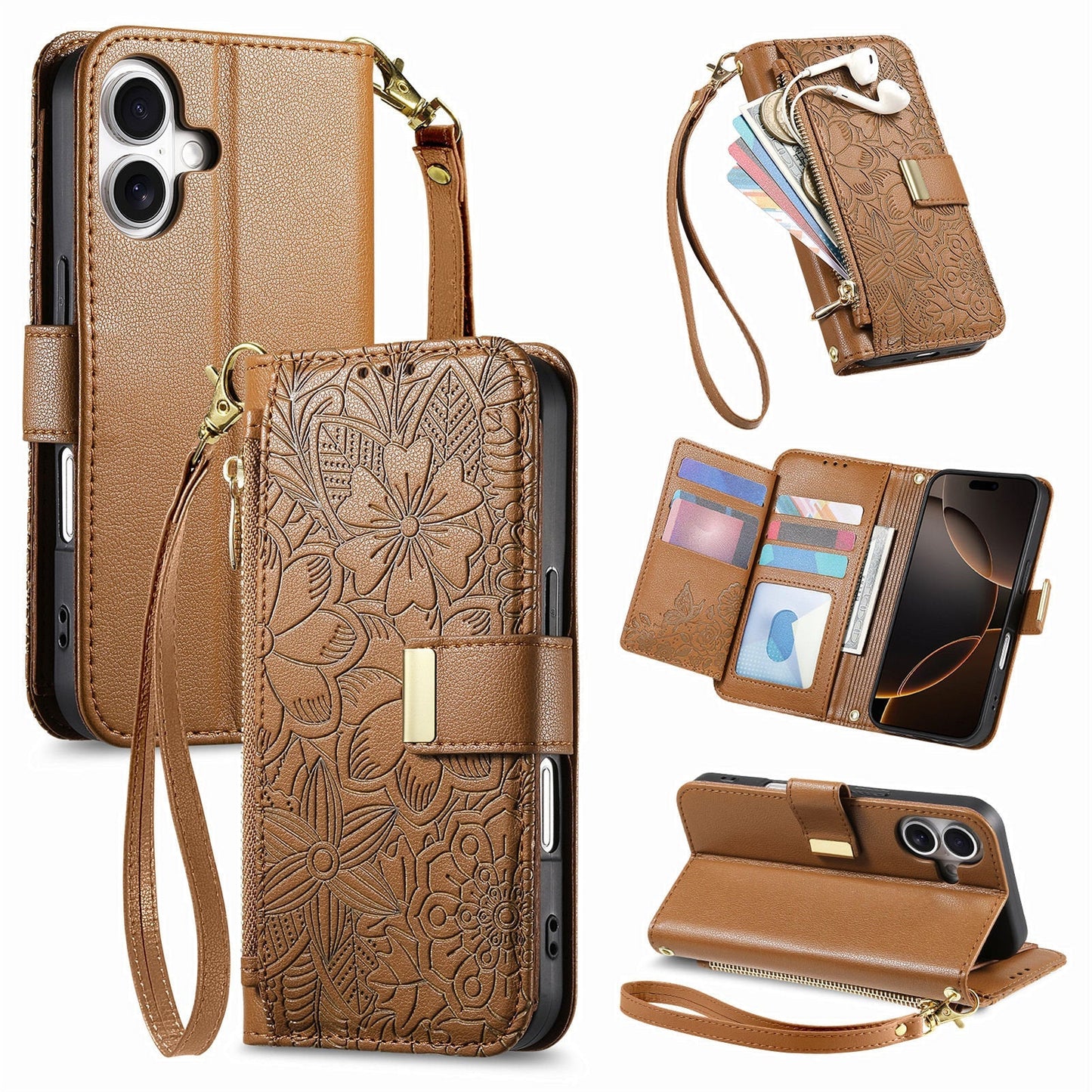 Embossed Floral & Leaf Zipper Wallet Phone Case for iPhone 16 Plus