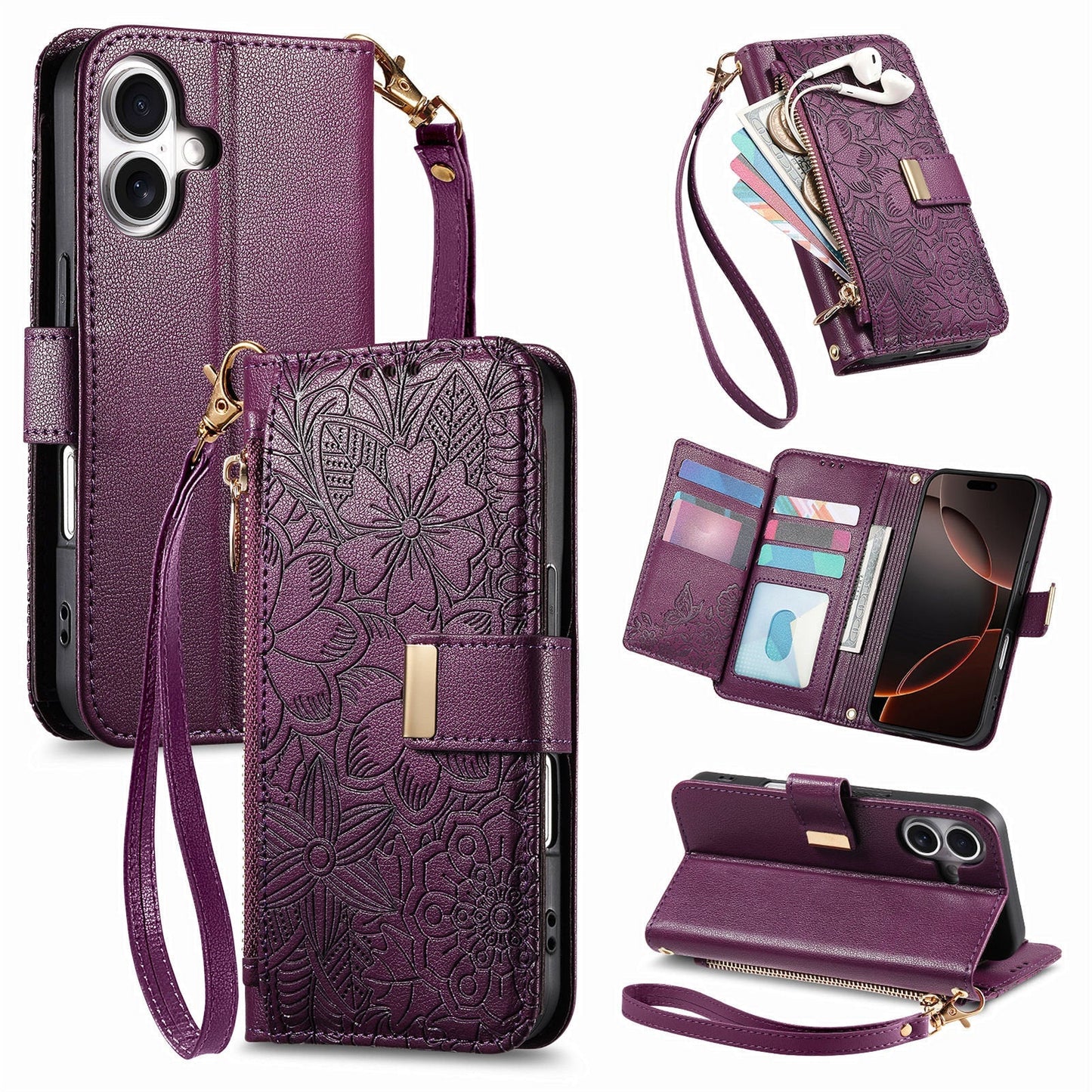 Embossed Floral & Leaf Zipper Wallet Phone Case for iPhone 16