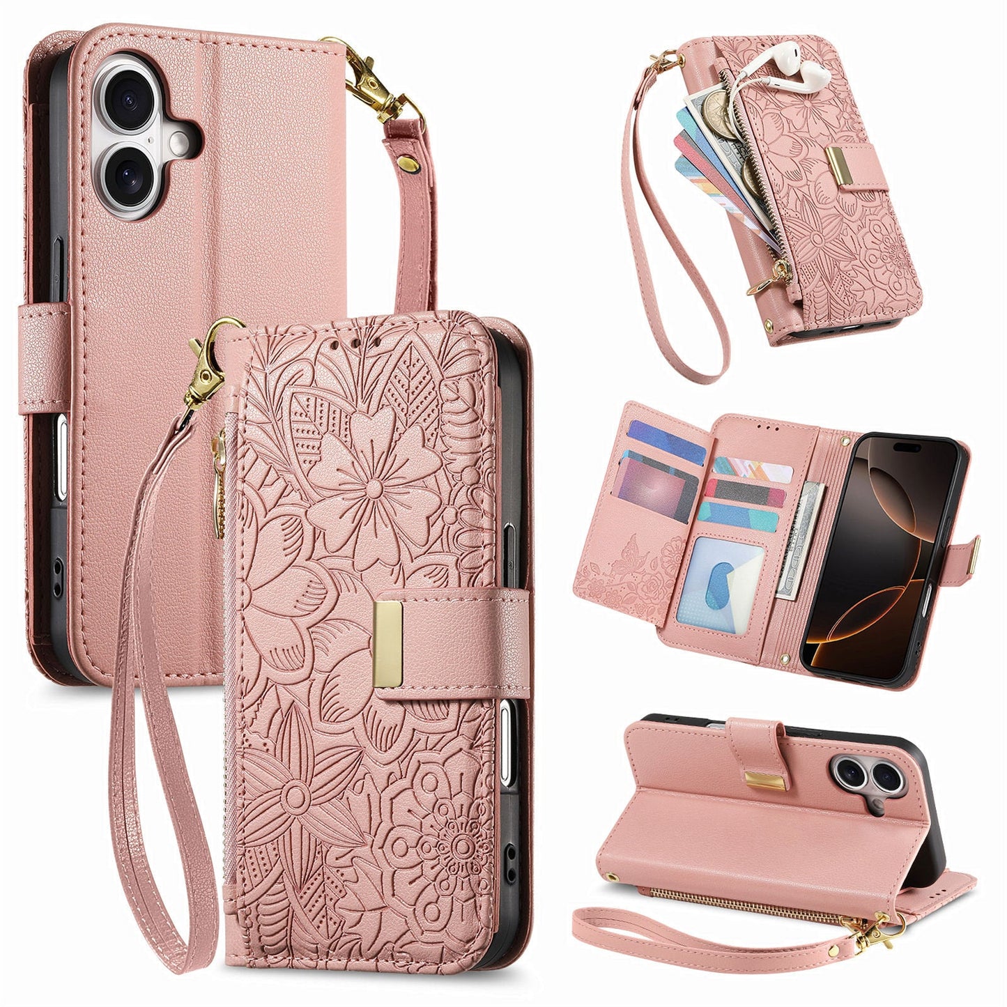 Embossed Floral & Leaf Zipper Wallet Phone Case for iPhone 17