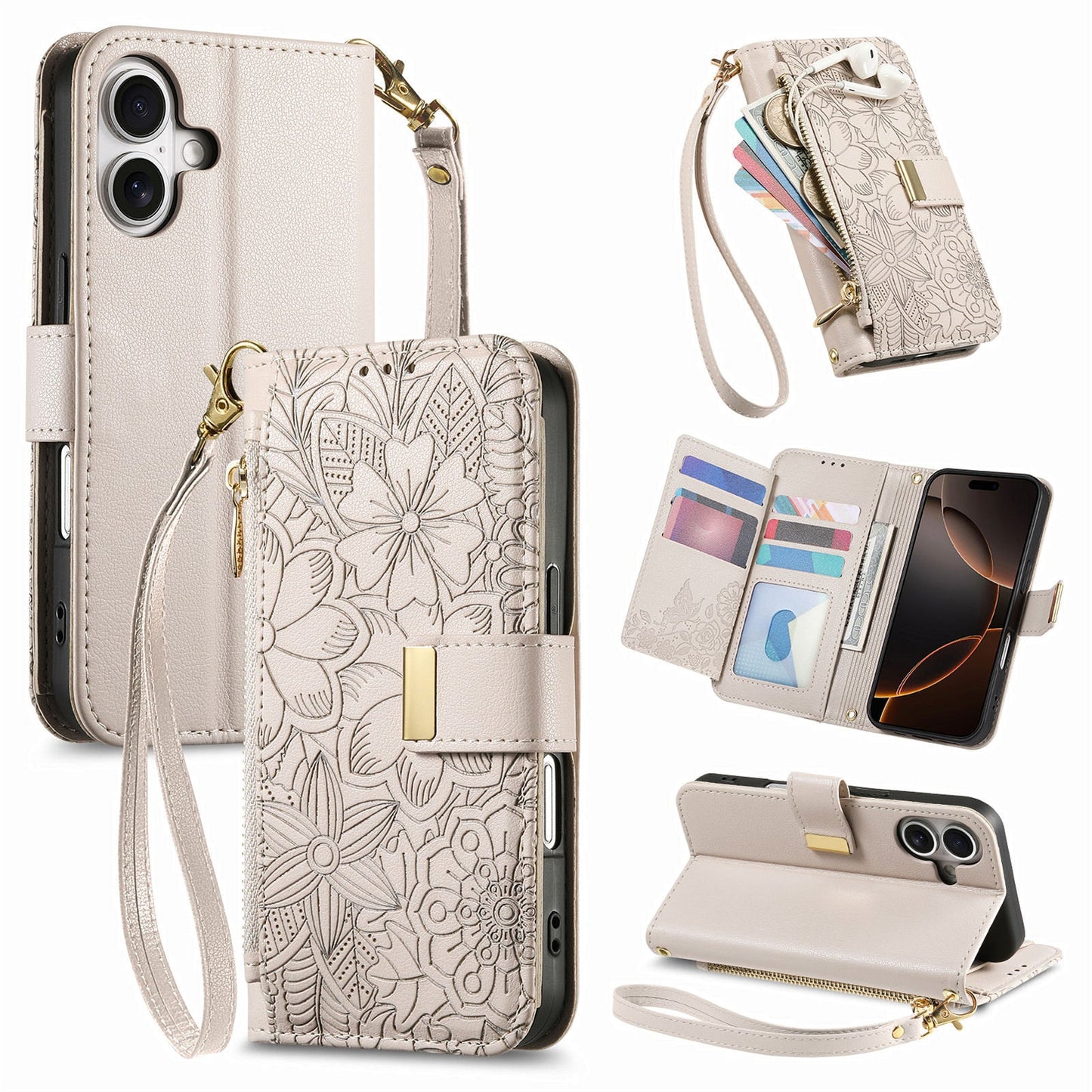 Embossed Floral & Leaf Zipper Wallet Phone Case for iPhone 17