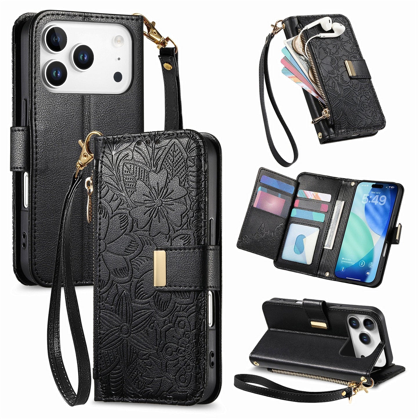 Embossed Floral & Leaf Zipper Wallet Phone Case for iPhone 17 Pro