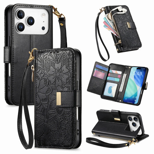 Embossed Floral & Leaf Zipper Wallet Phone Case for iPhone 17 Pro