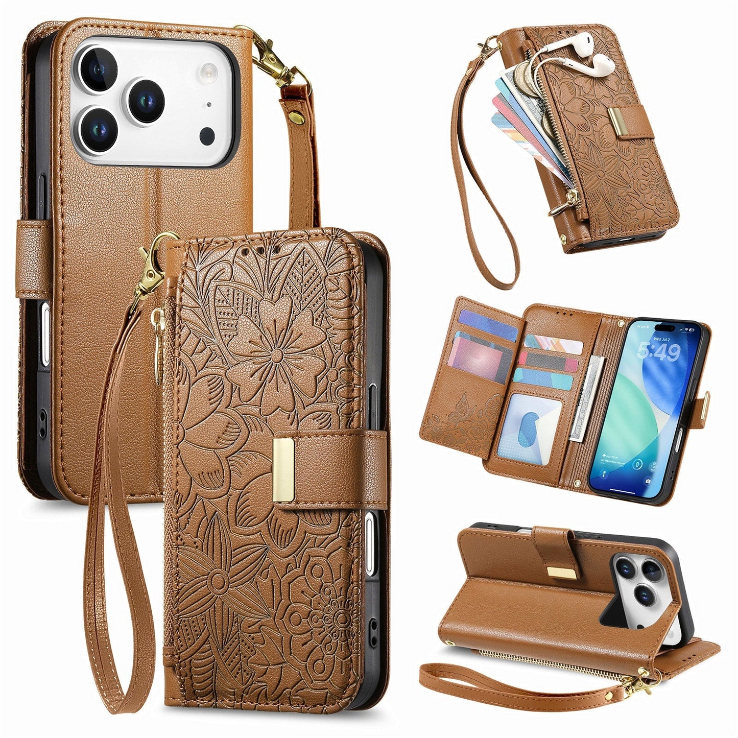 Embossed Floral & Leaf Zipper Wallet Phone Case for iPhone 17 Pro