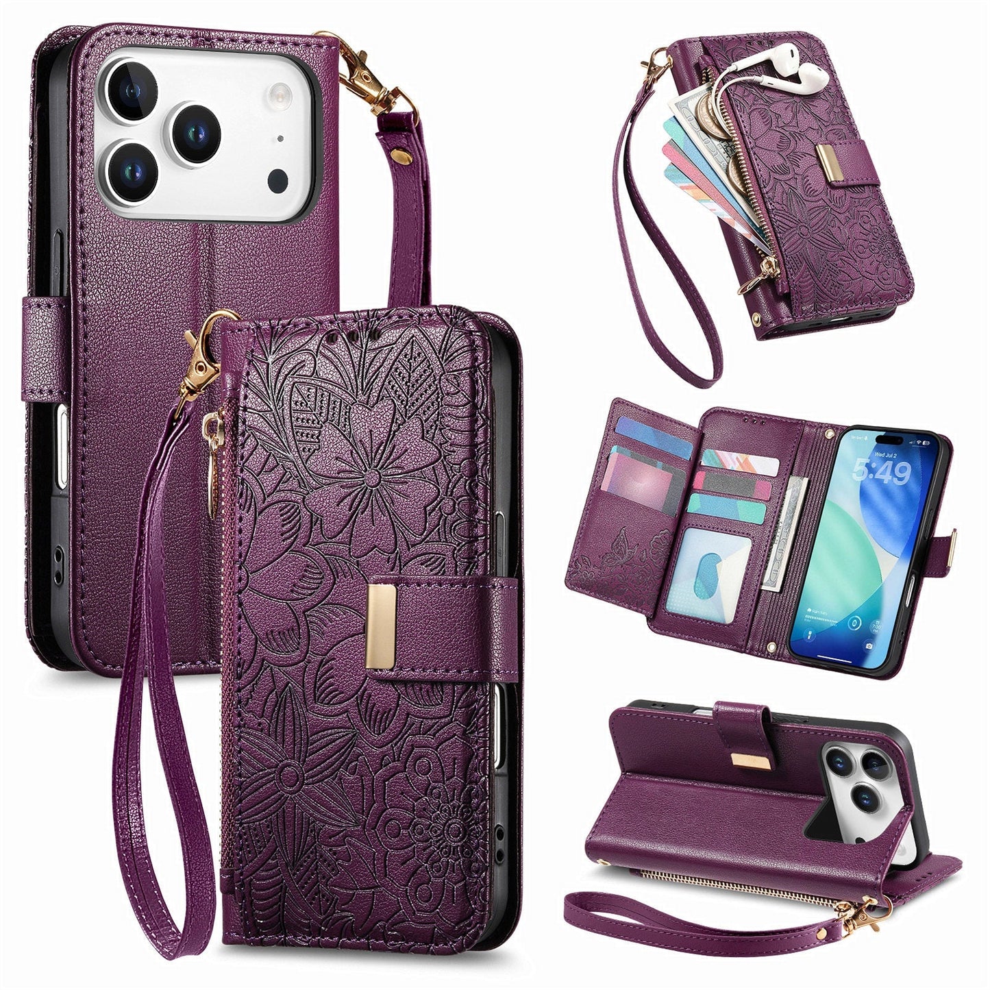 Embossed Floral & Leaf Zipper Wallet Phone Case for iPhone 17 Pro