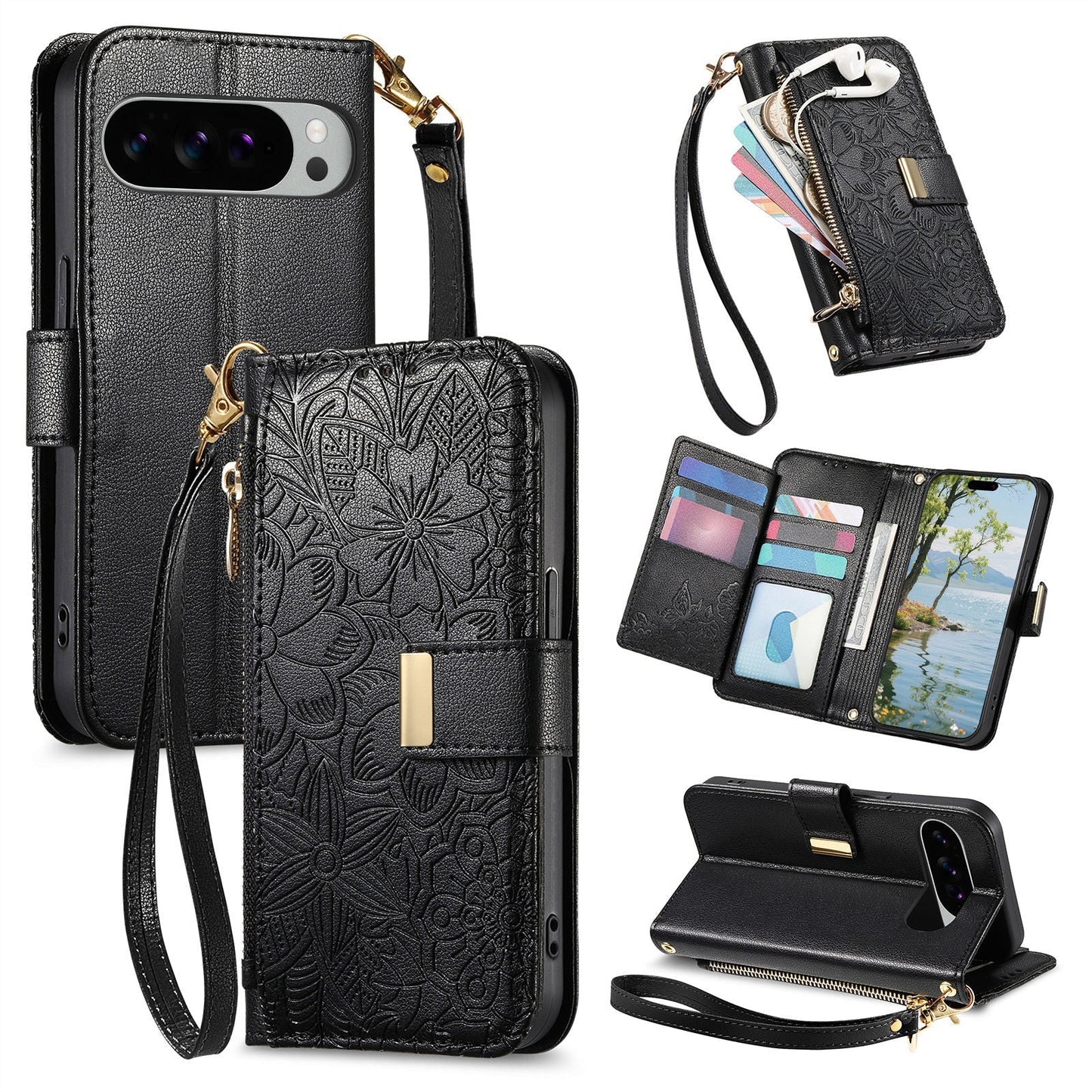 Embossed Floral & Leaf Zipper Wallet Phone Case for Pixel 7 Pro