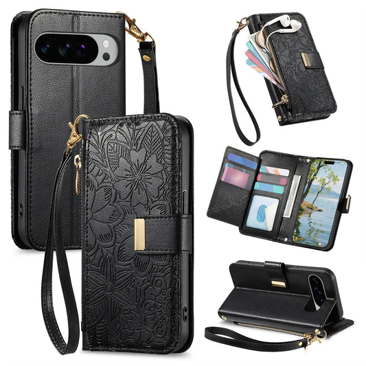 Embossed Floral & Leaf Zipper Wallet Phone Case for Pixel 9 Pro