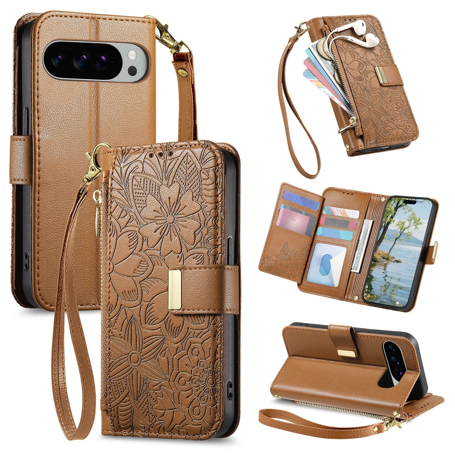 Embossed Floral & Leaf Zipper Wallet Phone Case for Pixel 9 Pro XL
