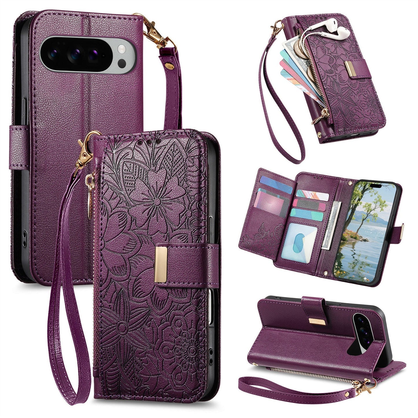 Embossed Floral & Leaf Zipper Wallet Phone Case for Pixel 8 Pro