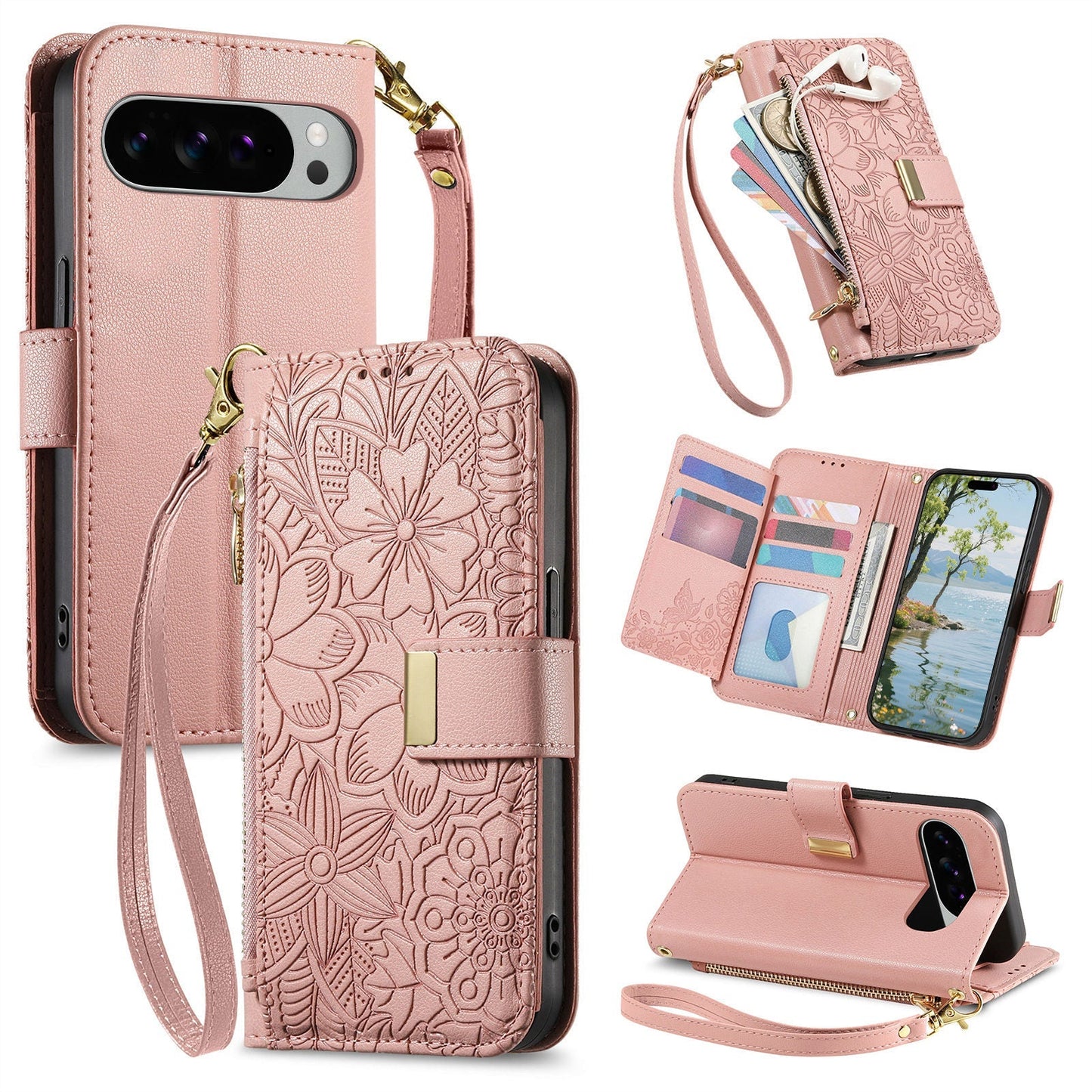 Embossed Floral & Leaf Zipper Wallet Phone Case for Pixel 7a