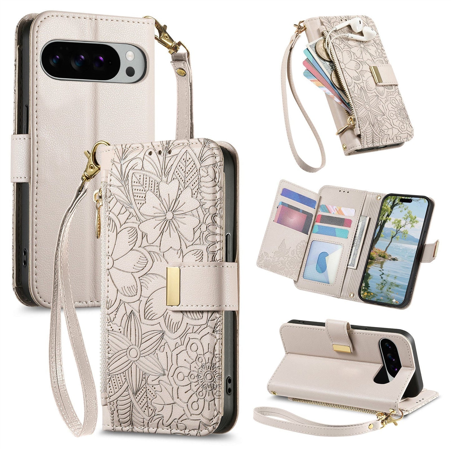 Embossed Floral & Leaf Zipper Wallet Phone Case for Pixel 9