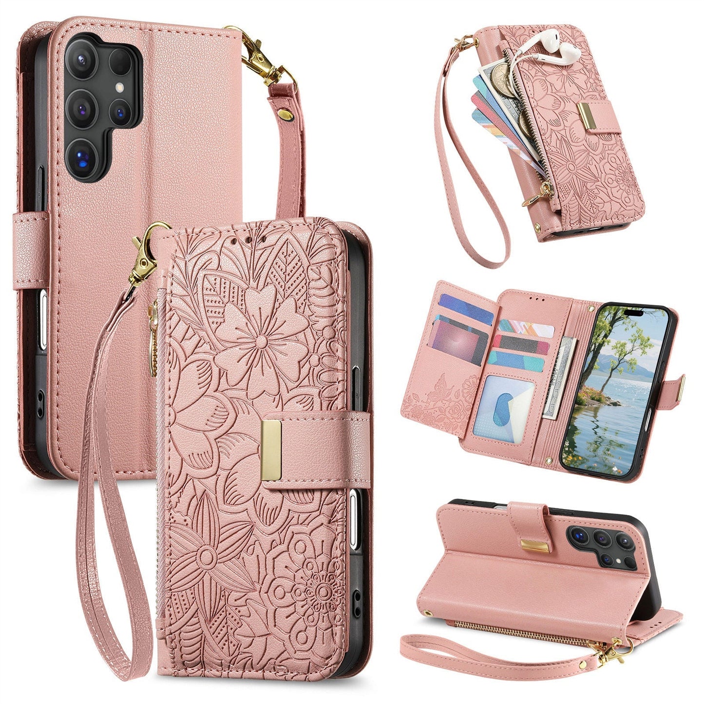 Embossed Floral & Leaf Zipper Wallet Phone Case for Samsung Galaxy S21 Ultra