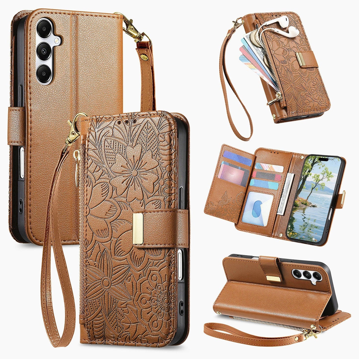 Embossed Floral & Leaf Zipper Wallet Phone Case for Samsung Galaxy S21
