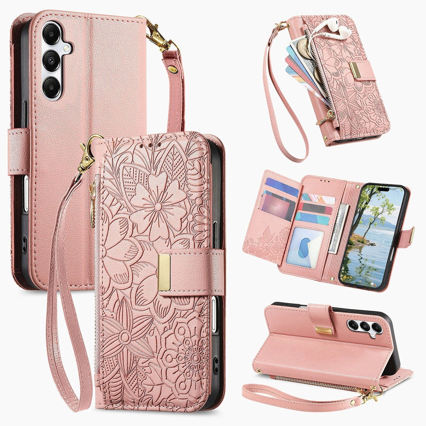 Embossed Floral & Leaf Zipper Wallet Phone Case for Samsung Galaxy S21+