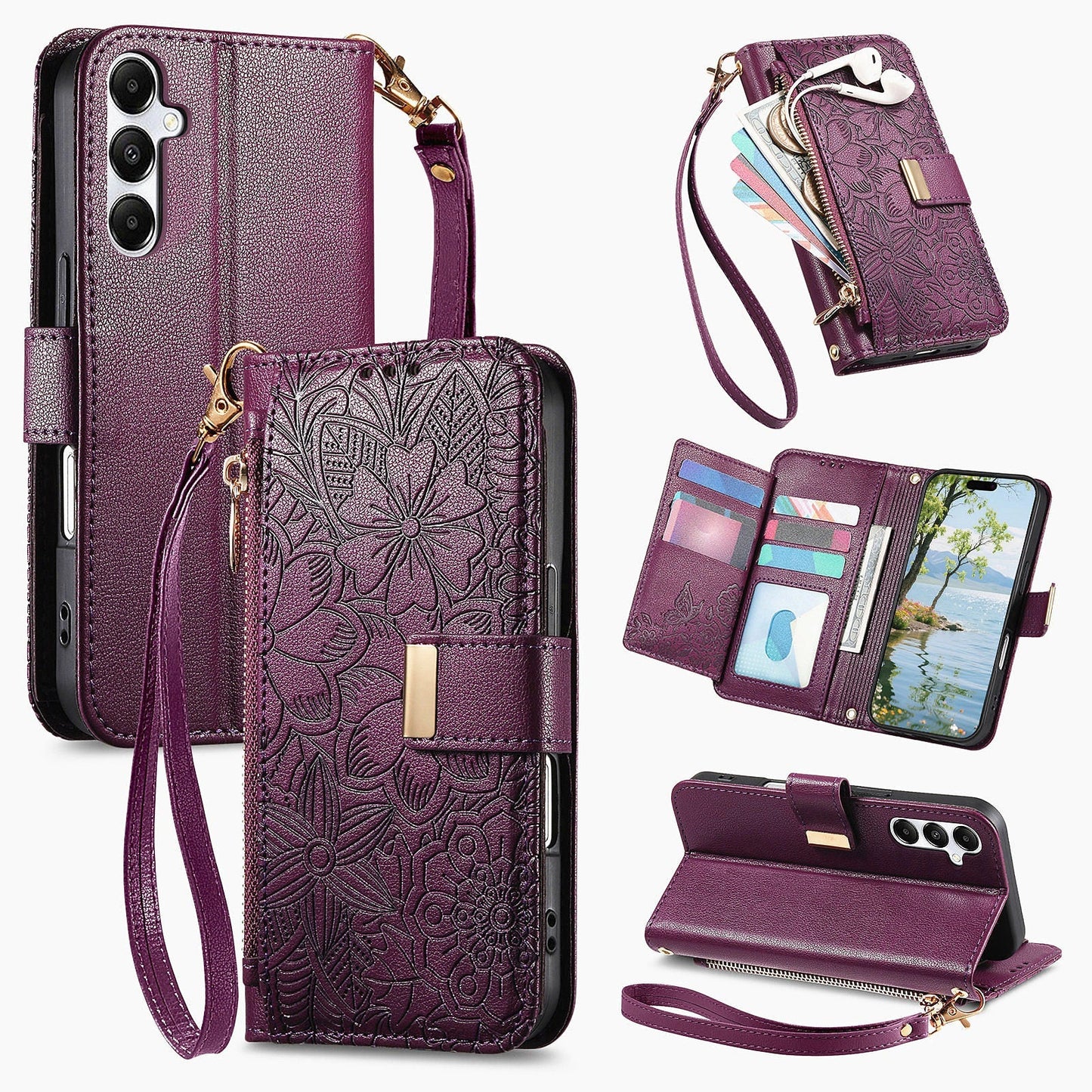 Embossed Floral & Leaf Zipper Wallet Phone Case for Samsung Galaxy S22