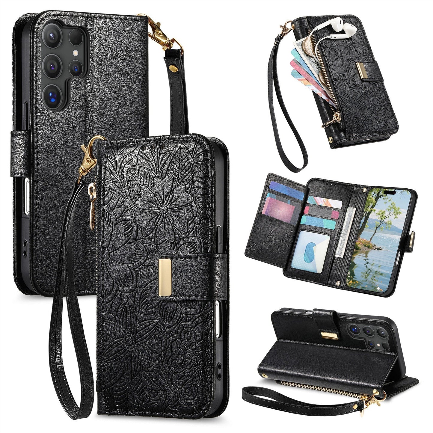 Embossed Floral & Leaf Zipper Wallet Phone Case for Samsung Galaxy S23 Ultra