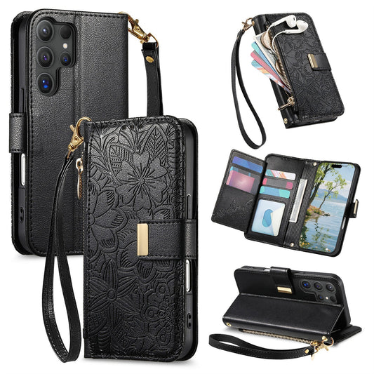 Embossed Floral & Leaf Zipper Wallet Phone Case for Samsung Galaxy S24 Ultra