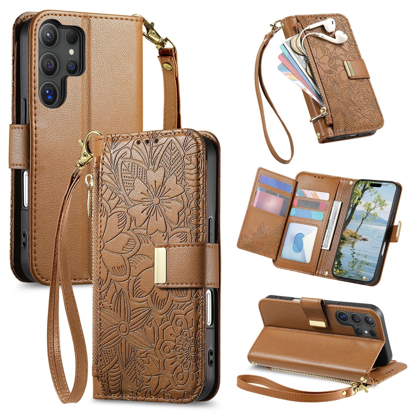 Embossed Floral & Leaf Zipper Wallet Phone Case for Samsung Galaxy S22 Ultra