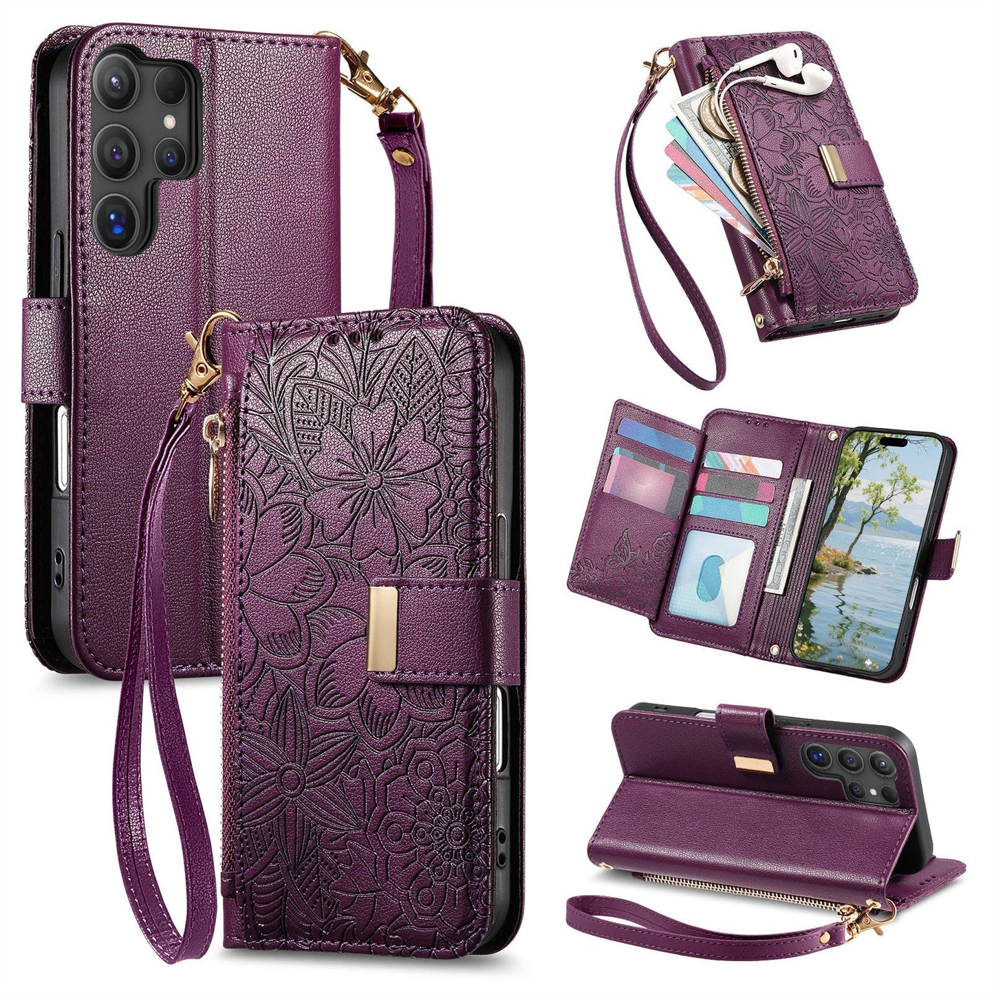 Embossed Floral & Leaf Zipper Wallet Phone Case for Samsung Galaxy S22 Ultra