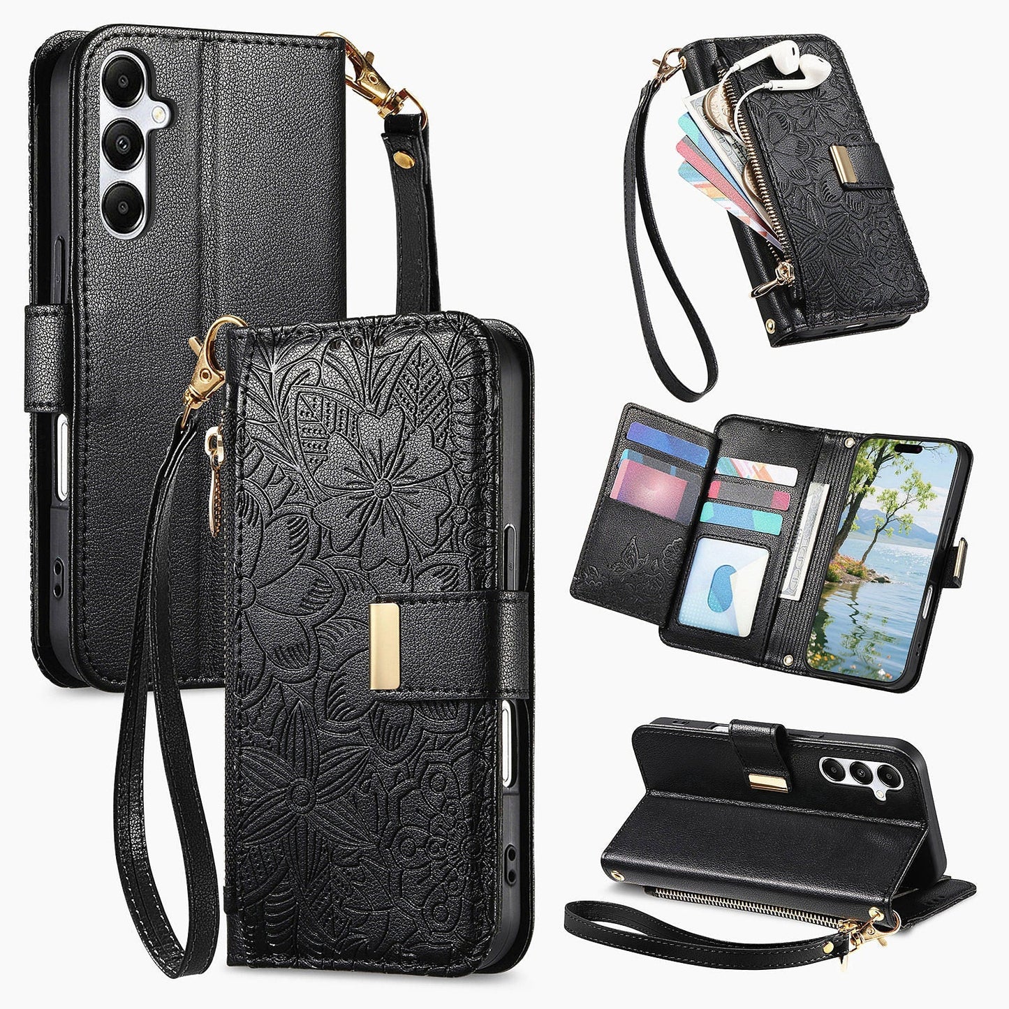 Embossed Floral & Leaf Zipper Wallet Phone Case for Samsung Galaxy S24+