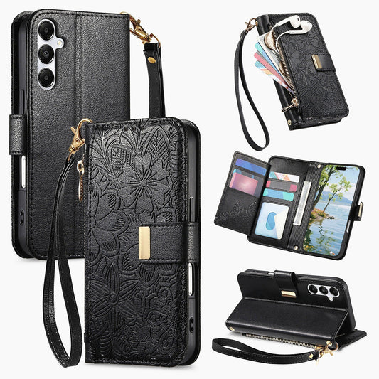 Embossed Floral & Leaf Zipper Wallet Phone Case for Samsung Galaxy S24+