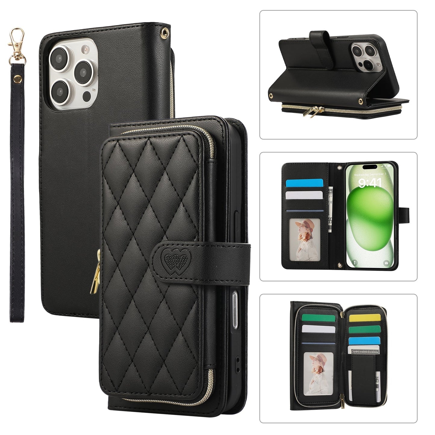 Elegant Quilted Wallet Case with RFID Blocking for iPhone 15 Pro